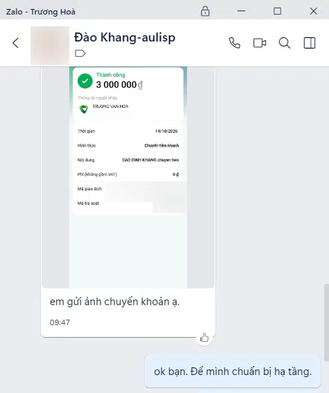 Ảnh chụp Zalo: học viên Đào Khang gửi biên lai chuyển khoản học phí 3.000.000đ ngày 14/10/2026, mã giao dịch đã che