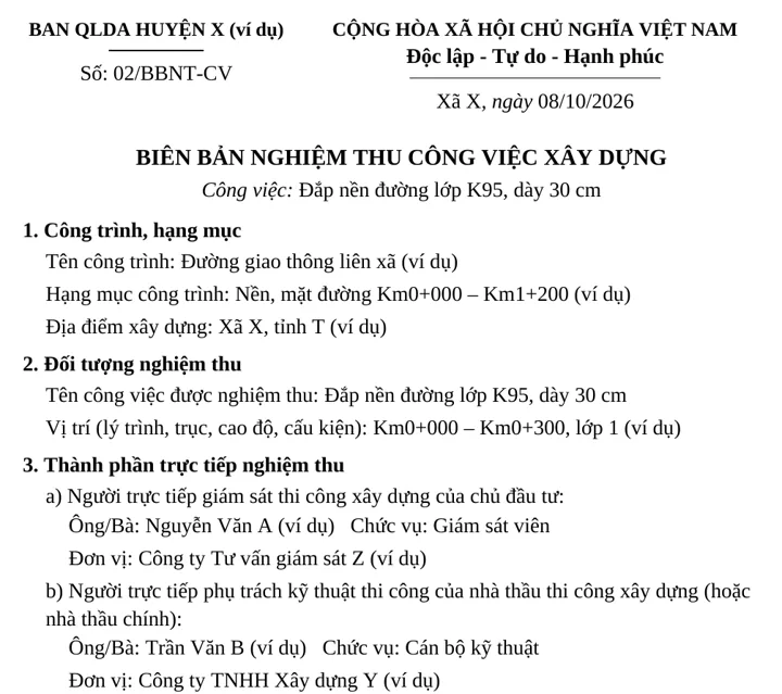 Trang đầu biên bản nghiệm thu công việc số 02 sau khi trộn thư từ dòng thứ hai của bảng Excel ví dụ