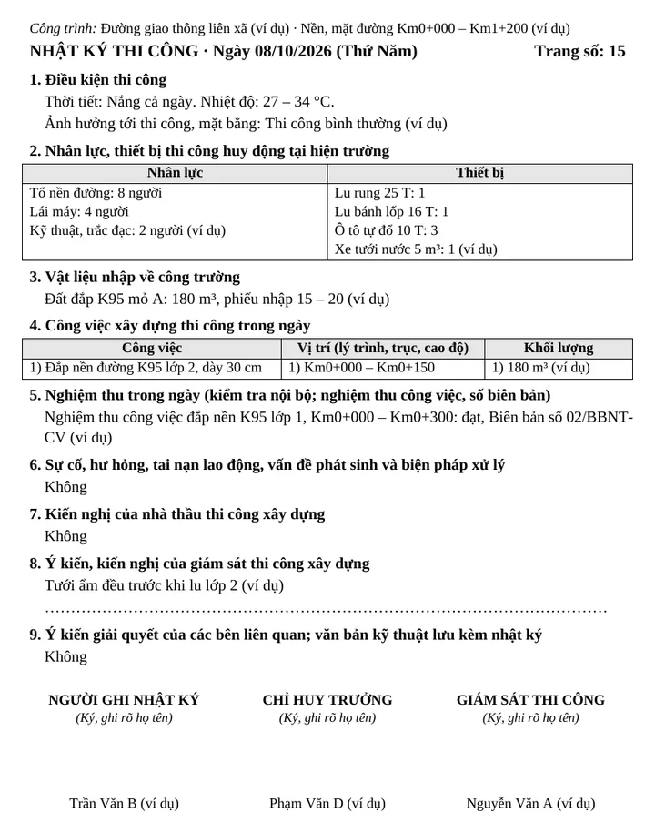 Trang nhật ký thi công ngày 08/10/2026 sau khi trộn thư với dữ liệu ví dụ